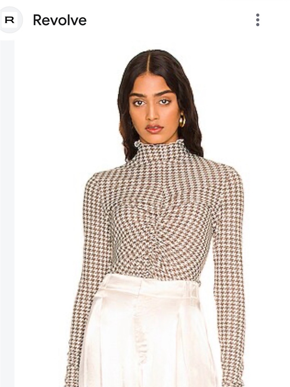 Ruched Houndstooth Long-Sleeve Top in Cream & Brown